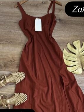 Zara Rust Brown Maxi Slip Dress with Adjustable Straps